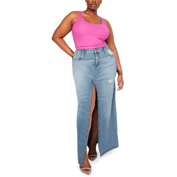 Good American Skirt Womens 10 Good Ease Denim Maxi Distressed Front Slit Boho - Picture 1 of 12